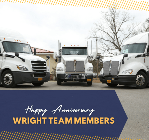 Three white semi-trucks are shown with the text below saying "Happy Anniversary Wright Team Members" on a graphic blue box.